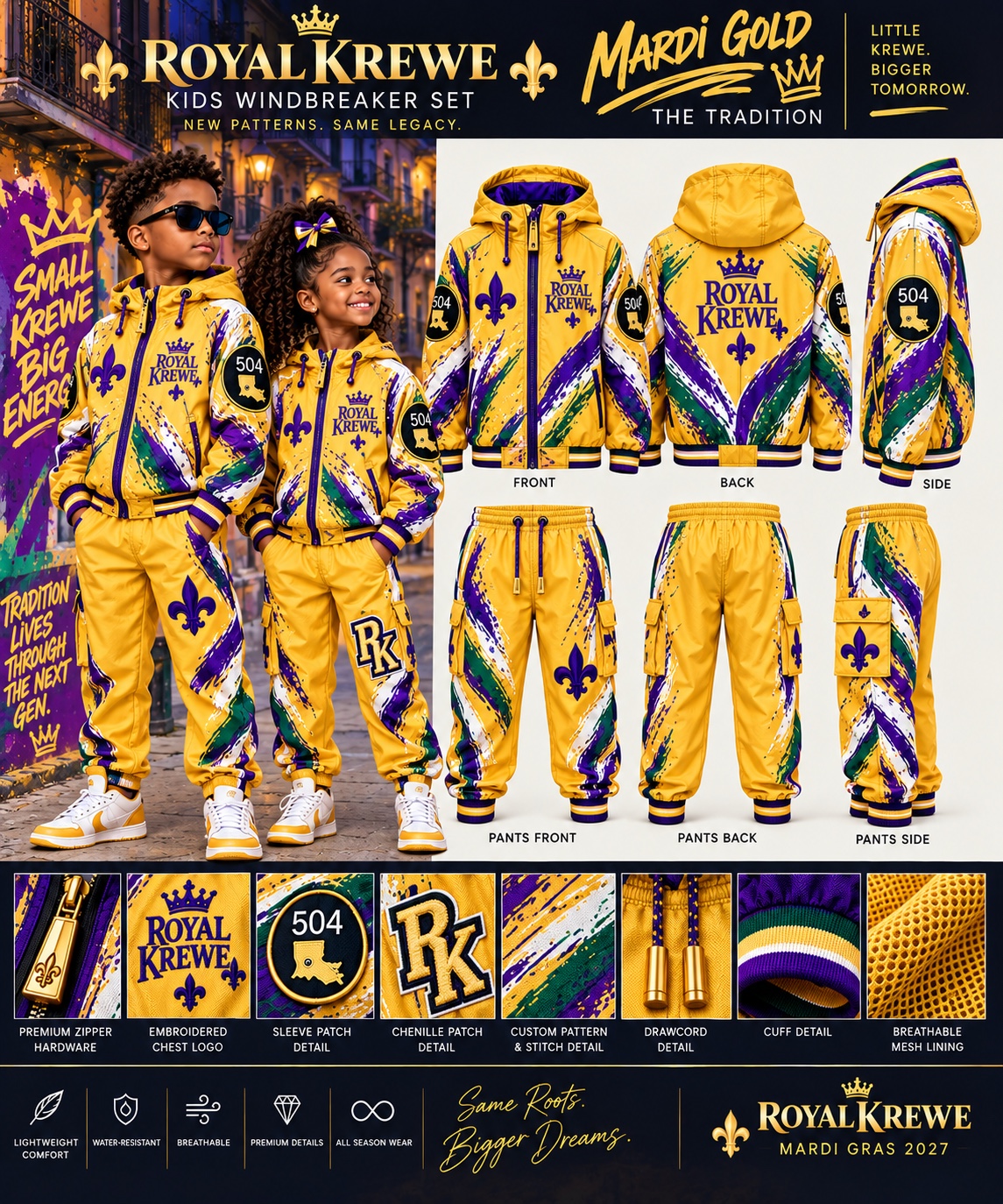 Royal Krewe kids Mardi Gold windbreaker collection